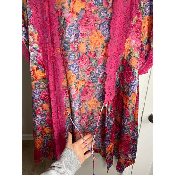 Vanity Fair Floral Satin Lace Kimono Robe Pink Blue Orange Roses Sleeve L - Picture 5 of 6